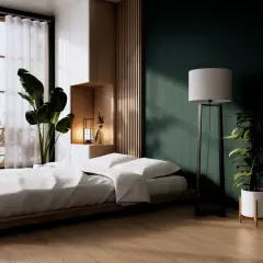 Sypialnia butelkowa zieleń i biel. Minimalistyczne łóżko z białym pościelą, duża roślina, lampa stojąca i okno w stylu japońskim.