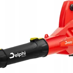Czerwona dmuchawa akumulatorowa Delphi Tools z czarną dyszą i baterią 18V.