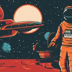 An astronaut stands on a red planet, gazing at a retro futuristic spaceship and alien worlds under a starry sky.