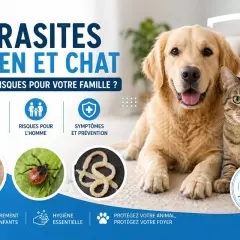 Un chien et un chat posent ensemble, illustrant les risques de parasites pour la famille, y compris le parasite chat homme.
