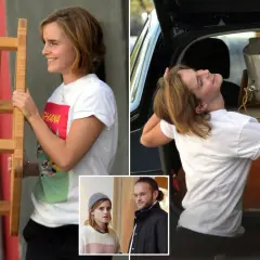 Emma Watson z meblem i w bagażniku samochodu, obok zdjęcie z mężczyzną.
