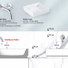 Bateria GROHE Atrio do umywalki nablatowej Grohe Cube. Montaż ścienny, wymiary i odległości.