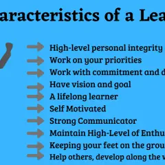 A silhouette of a triumphant person stands beside a list of 10 characteristics of a good leader, including integrity, vision, and communication.