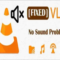 VLC no sound problem fixed. The image shows the VLC logo with a muted speaker icon and text indicating a solution for no sound issues.