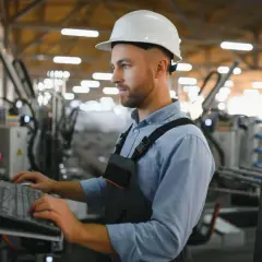 Pracownik w białym kasku obsługuje panel sterowania, wprowadzając dane do systemu. Optymalizacja procesów produkcyjnych dzięki **lean manufacturing**.