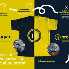 Deux t-shirts, l'un bleu, l'autre jaune, illustrent les options pour faire floquer ou broder un vêtement.