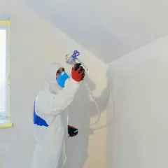 Persona con traje protector y mascarilla pintando paredes con pistola.