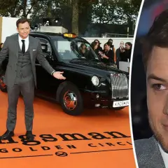 Taron Egerton på röda mattan för Kingsman: The Golden Circle, med en ikonisk svart taxi.