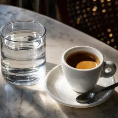Tazzina di caffè espresso su piattino con cucchiaino e bicchiere d'acqua. La cremosità suggerisce un'alta percentuale di caffeina nel caffè.