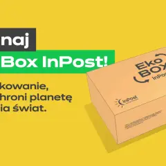 Eko paczka InPost to opakowanie, które chroni planetę. Na żółtym tle widoczny karton z logo EkoBox InPost.