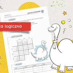 Urocza grafika z dinozaurami i tabelą do rozwiązania zagadki logicznej dla dzieci.