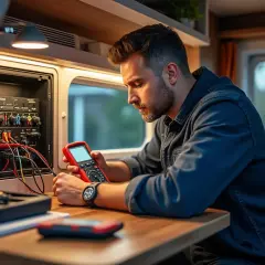 Un homme vérifie le panneau de contrôle camping-car Chausson avec un multimètre. Outils et câbles sont à portée de main.