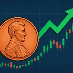 Moneta z wizerunkiem Abrahama Lincolna na tle wykresu giełdowego z zieloną strzałką w górę. Obrazek ilustruje, czym są akcje groszowe.