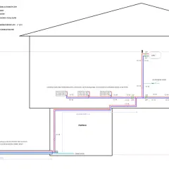 Schemat instalacji grzewczej z kotłem w kotłowni i grzejnikami w piwnicy.