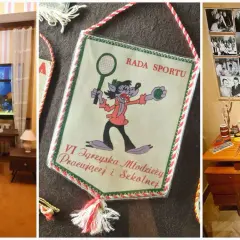 W muzeum bajek Rzeszów zobaczysz pokój z pluszowym misiem, baner sportowy z wilkiem i biurko artysty.
