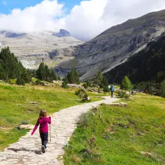 Niños disfrutan de la ruta cola de caballo, un sendero de piedra serpentea por un valle montañoso con pinos y cielos nublados.