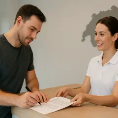 Mężczyzna podpisuje dokumenty, przedłużenie umowy najmu. Kobieta podaje mu papier. Flaga Szwajcarii i mapa kraju w tle.