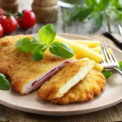 Schab po szwajcarsku z serem i szynką, panierowany, podany z makaronem i bazylią.