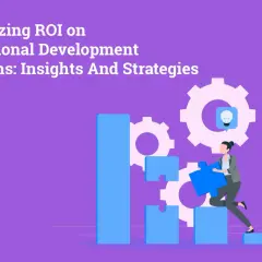 Maximizing ROI on professional development programs: A woman places a puzzle piece, symbolizing executive leadership development training, amidst gears and rising bars.