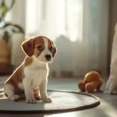 Un adorable chiot, futur **puppy trainer**, attend sagement sur un tapis, prêt pour sa première leçon.