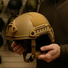 Manos sostienen un casco de combate táctico color arena, con rieles laterales y velcro para accesorios.