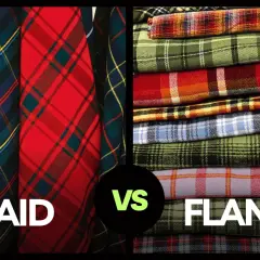 Plaid is a pattern, while flannel is a soft, woven fabric. This image shows a side-by-side comparison of plaid fabrics and stacked flannel shirts.