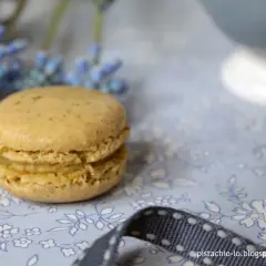 Delikatne makaroniki na bezie włoskiej, w pastelowym kolorze, leżą na błękitnej tkaninie w kwiaty.