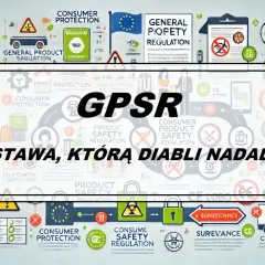 Grafika przedstawia zasady GPSR, czyli ogólne rozporządzenie o ochronie danych. W centrum znajduje się napis "GPSR" i "USTAWA, KTÓRĄ DIABLI NADALI...".