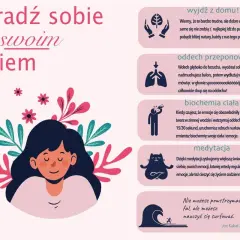 Ilustracja pokazuje spokojną dziewczynę otoczoną kwiatami i liśćmi, z tekstem "poradź sobie ze swoim lękiem". Obok znajdują się porady, jak radzić sobie z lękiem.