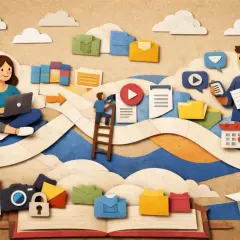 Illustrazione in carta ritagliata: persone che lavorano, icone digitali e concetti di problem solving esempi.