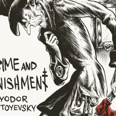 Mroczna ilustracja przedstawia Rodiona Raskolnikowa z siekierą, w tle napis "Zbrodnia i kara".