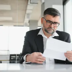 Zmartwiony mężczyzna w okularach czyta list, który może dotyczyć tego, co grozi za niespłacanie kredytu.