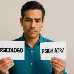 Uomo pensieroso con cartelli "Psicologo" e "Psichiatra", riflette sulla depressione e la psicoterapia.