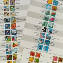 Spielbrett mit Symbolen für ein Konzept-Spiel. Kategorien wie "Tierwelt", "Literatur", "Theater", "Fernsehen", "Idee", "Ort", "Datum", "Wasserfahrzeug", "Landfahrzeug" und mehr.