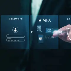 Schéma de connexion : mot de passe, puis vérification MFA (empreinte digitale, email, code), et enfin accès sécurisé.