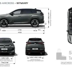 Citroën C5 Aircross: wymiary, w tym pojemność bagażnika 565/1688 dm³ pod półką / po złożeniu kanapy.