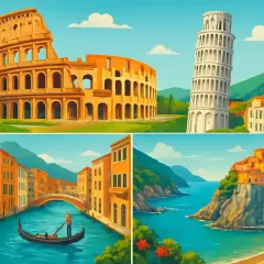 Italienska sevärdheter: Colosseum, lutande tornet i Pisa, Venedig och en kuststad. Bra tips för att hyra bil i Italien!