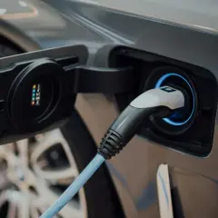 Prise de recharge d'une voiture électrique, le câble bleu est branché, prêt à alimenter les batteries.
