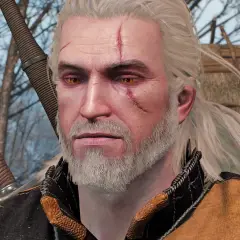 Geralt z Rivii, bohater Wiedźmin 3, z bliznami na twarzy i mieczem za plecami, wygląda jakby szykował się na kolejną przygodę.
