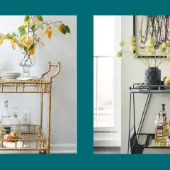 Elegant bar cart decor ideas: a gold bamboo cart with fall leaves and a modern black cart with abstract art.