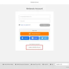 Strona logowania Nintendo. Kliknij "Create a Nintendo Account", aby dowiedzieć się, jak założyć konto na Nintendo Switch.