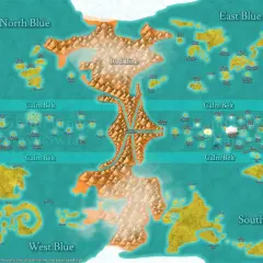 Mapa świata z One Piece, ukazująca cztery morza: North Blue, East Blue, South Blue i West Blue, oraz Grand Line z Red Line i Calm Belt. Wiele wysp i królestw, jak Wano czy Dressrosa, czeka na odkrycie.