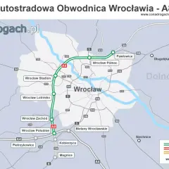 Mapa Autostradowej Obwodnicy Wrocławia - A8, pokazująca istniejące i planowane odcinki dróg wokół miasta.