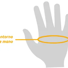 Ilustración de mano gris con línea naranja indicando el contorno de mano para determinar la talla L de guantes.