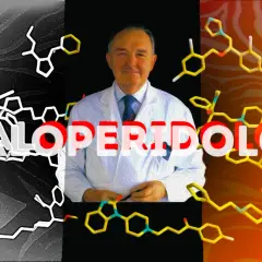 Uomo in camice bianco con molecole chimiche e testo "HALDOL GOCCE A COSA SERVE".