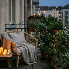 Przytulny balkon z wiklinowym fotelem, kocem i poduszką. Kilka świec tworzy ciepły blask, idealny pomysł na oświetlenie balkonu. W tle widać miasto nocą.