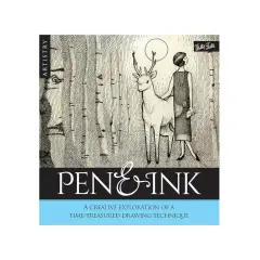 Pen and ink drawings showcase a woman and deer in a forest. The book title "Pen & Ink" is prominently displayed.