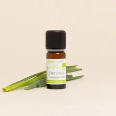 Flacon d'huile essentielle de Palmarosa, parfait comme désodorisant chaussures naturel. Ses feuilles vertes apportent une touche fraîche.