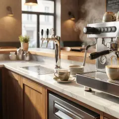 Macchina da caffè professionale in acciaio inox, con due erogatori e un manometro. Quanti bar deve avere una buona macchina da caffè? Questa ne ha 9.