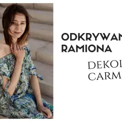 Kobieta w wzorzystej sukience z dekoltem carmen siedzi na schodach.